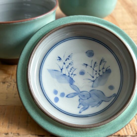 Lot de deux petites tasses vintages de couleur vert turquoise  / avec couvercles / Hukkougama – Image 4