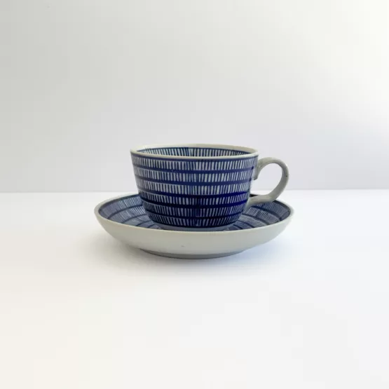 Artisanal Blue Cup & Saucer Set motif rayé – Image 2