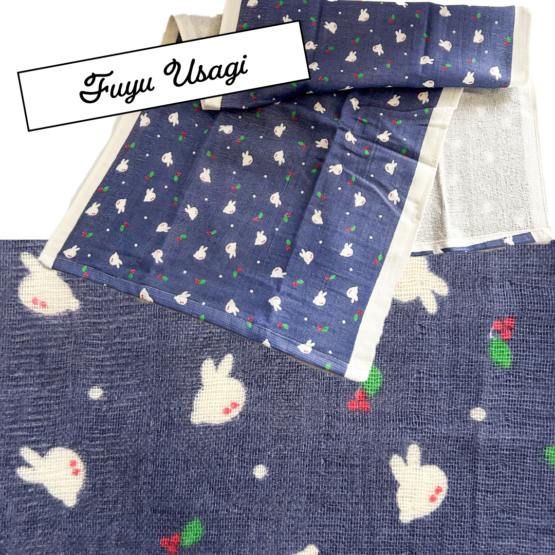 Serviettes Tenugui japonais en gaze douce – Set de 2 pièces avec motifs de こたつ猫 et 冬うさぎ – Image 6