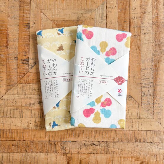 Serviettes Tenugui japonais en gaze douce – Set de 2 pièces avec motifs de カカシ et 六瓢 (Mubyo)