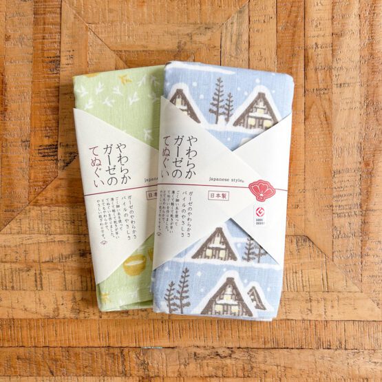 Serviettes Tenugui japonais en gaze douce – Set de 2 pièces avec motifs de cérémonie du thé et de Shirakawa-go