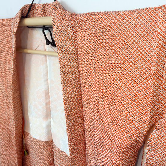 Haori vintage japonais – soie orange vif à doublure florale – Image 3