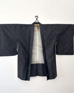 Haori vintage japonais – polyester gris bleu à motifs circulaires et doublure paysage